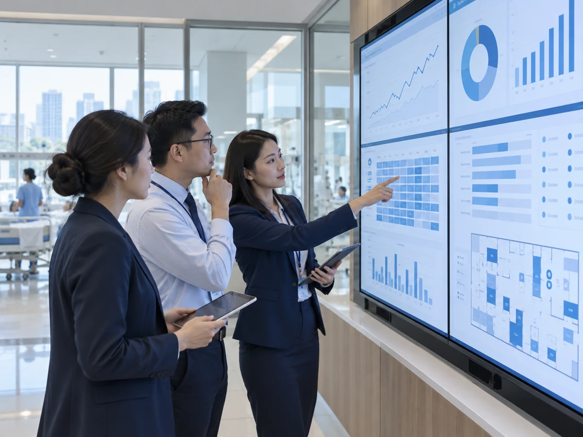 Hospital analysts reviewing operational and healthcare information