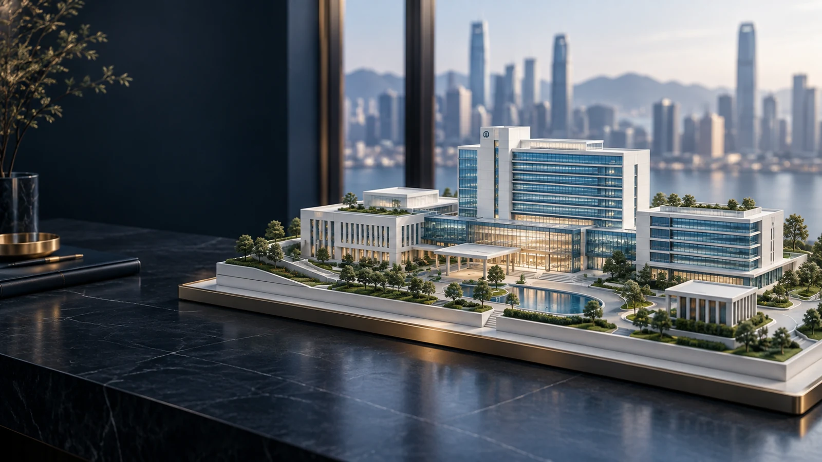 Architectural model of a contemporary healthcare campus